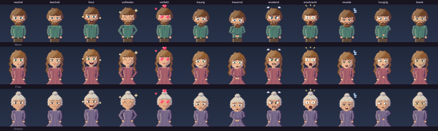 Villager portraits showing twelve different emotions across three characters