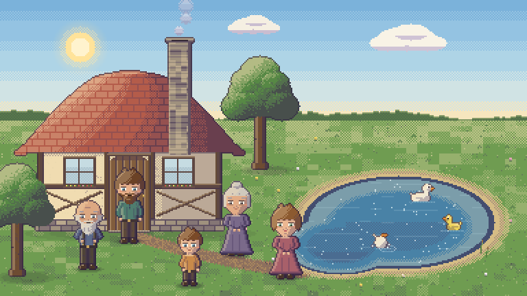 A family gathered by the pond in the sunshine