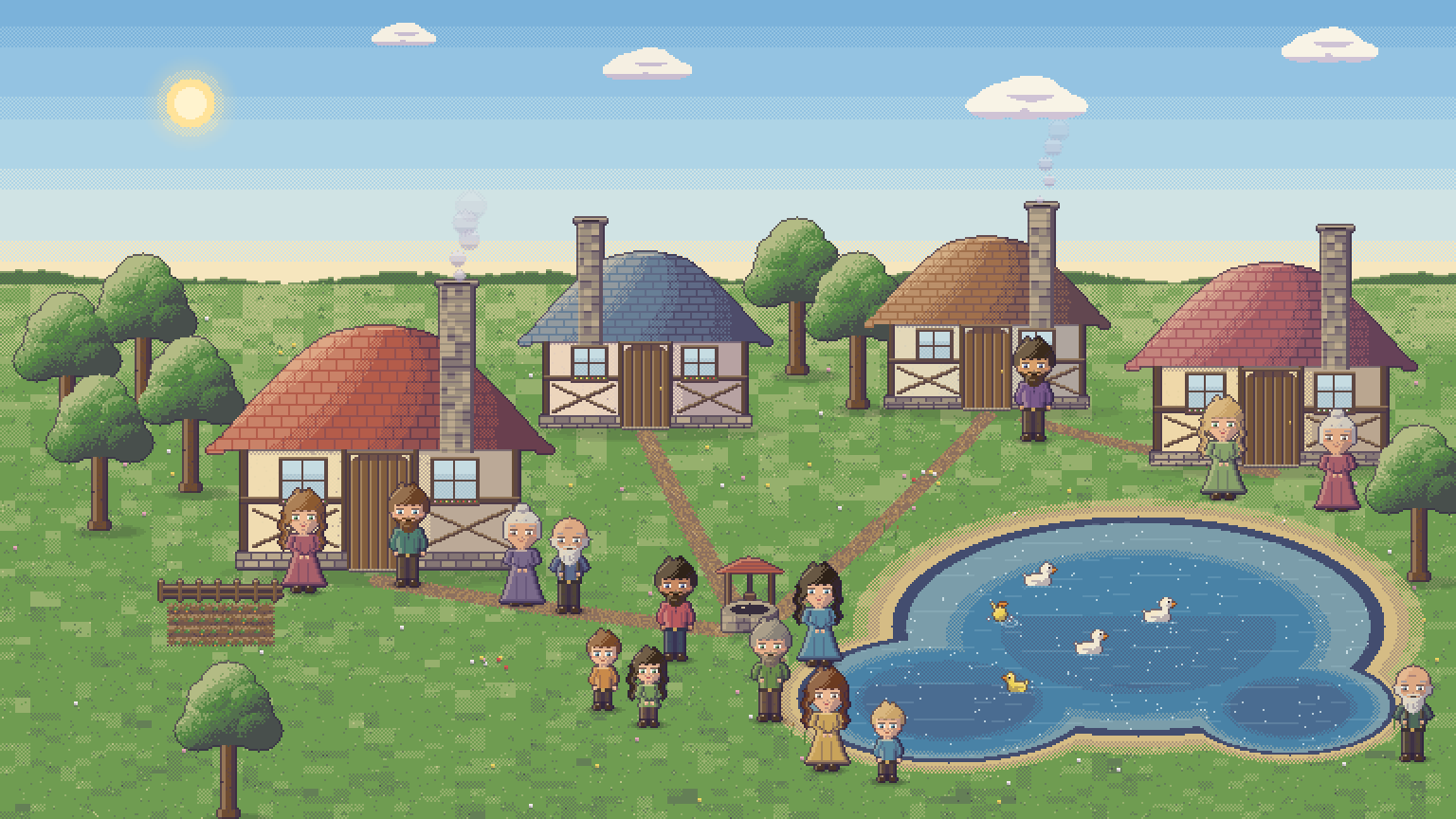 A Smolvale village with four cottages, families, and a duck pond under a sunny sky